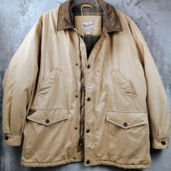 Vintage Woolrich Chore Barn Jacket Plaid Lined Men's Sz XL Tan Suede Collar 90s - Picture 1 of 13